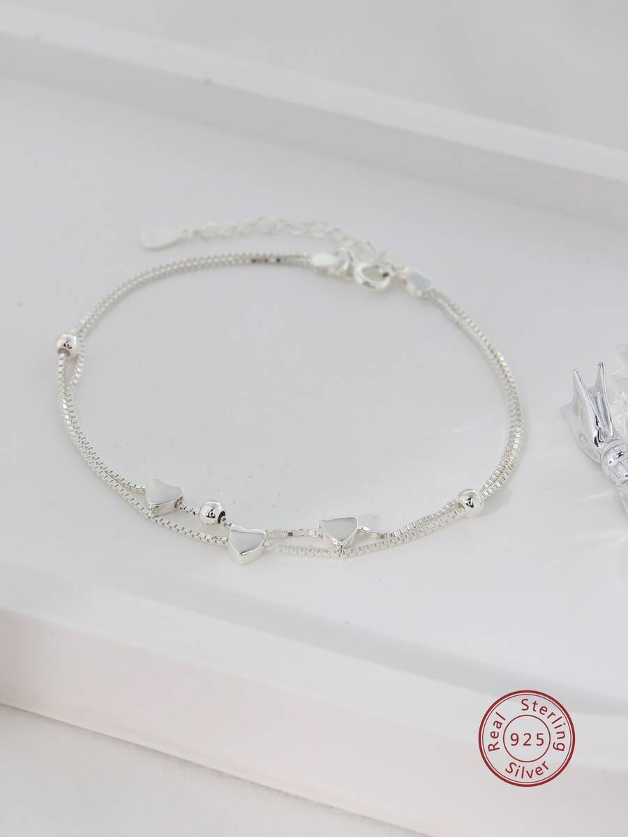 1入組時尚心和珠子裝飾多層銀手環適用於女士日常裝飾