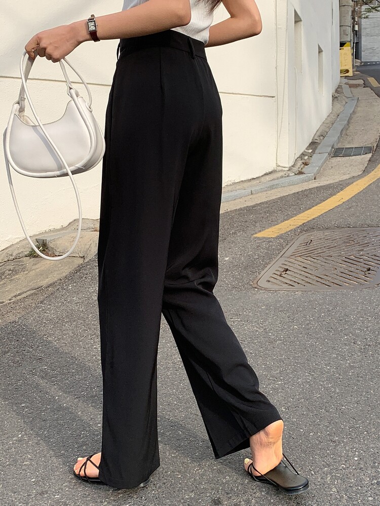 DAZY Solid Split Hem Flare Leg Trousers - Black - View 2