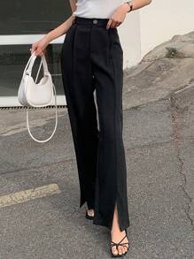 DAZY Solid Split Hem Flare Leg Trousers - Black - View 7