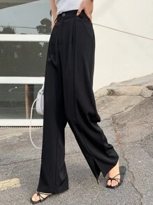 DAZY Solid Split Hem Flare Leg Trousers - Black - View 8