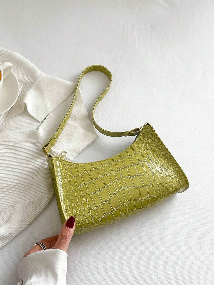 滿版鱷魚紋壓花法棍包 - 綠色 - 查看 1