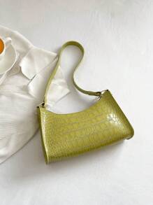 滿版鱷魚紋壓花法棍包 - 綠色 - 查看 2