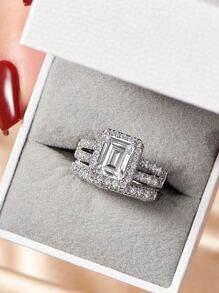 AIHUASI 2pcs/Set Vintage 925 Sterling Silver 7*9mm Emerald Cut High Cubic  Wedding Engagement Ring Set For Women Bridal's Fine Jewelry Valentines Gift - Silver - View 9