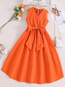 SHEIN Girls Solid Belted Dress - Orange - View 1