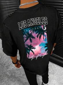 Manfinity RSRT 男士熱帶印花和字母圖案T恤 - 黑色 - 查看 3