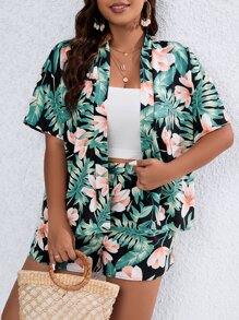SHEIN Holidaya Plus Tropical Print Kimono & Shorts - Multicolor - View 5