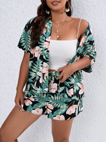 SHEIN Holidaya Plus Tropical Print Kimono & Shorts - Multicolor - View 3