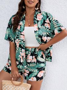 SHEIN Holidaya Plus Tropical Print Kimono & Shorts - Multicolor - View 4