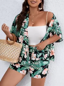 SHEIN Holidaya Plus Tropical Print Kimono & Shorts - Multicolor - View 1