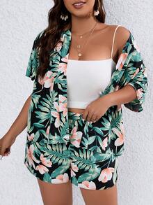 SHEIN Holidaya Plus Tropical Print Kimono & Shorts - Multicolor - View 6
