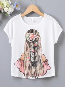 SHEIN 女孩人像圖案蝙蝠袖T恤 - 白色 - 查看 1