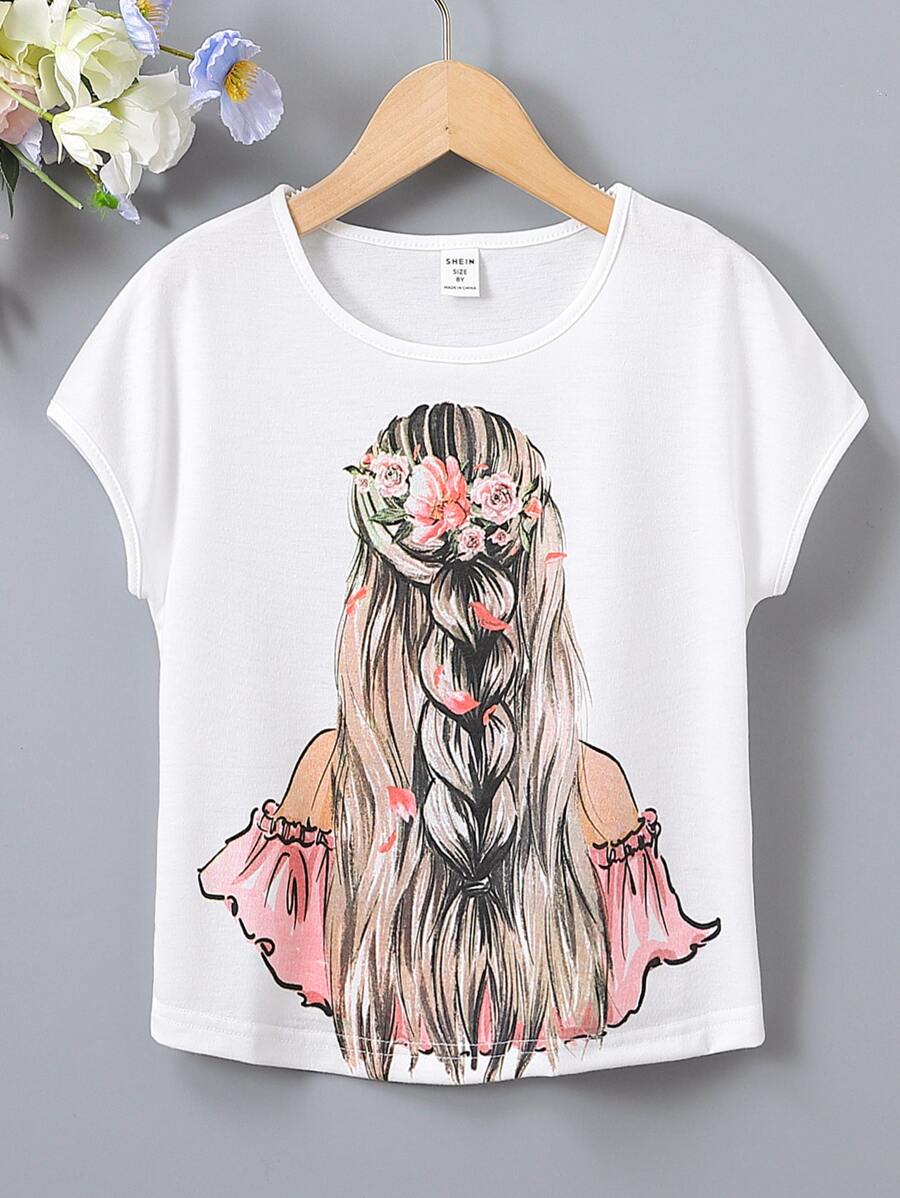 SHEIN 女孩人像圖案蝙蝠袖T恤 - 白色 - 查看 1