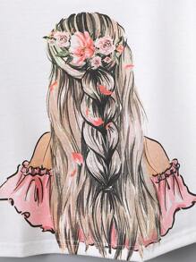 SHEIN 女孩人像圖案蝙蝠袖T恤 - 白色 - 查看 3