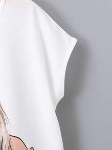 SHEIN 女孩人像圖案蝙蝠袖T恤 - 白色 - 查看 4