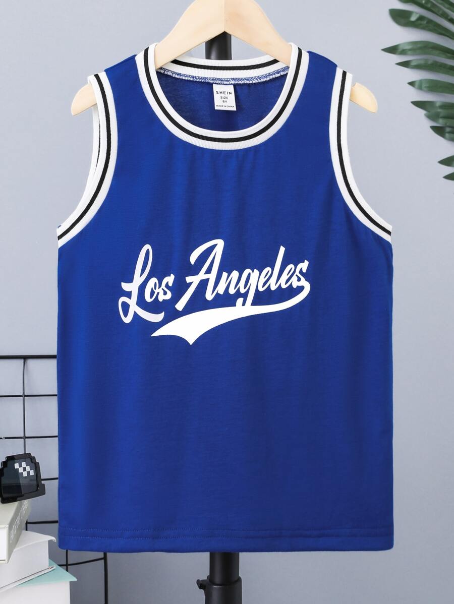 SHEIN Boys Letter Graphic Contrast Trim Basketball Jersey - Navy Blue - View 1