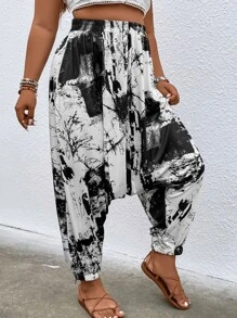 SHEIN LUNE Plus Tie Dye Drop Crotch Trousers - Black and White - View 1