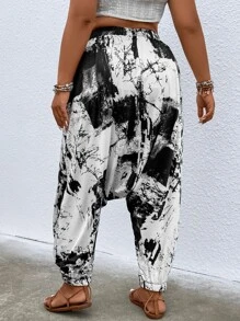 SHEIN LUNE Plus Tie Dye Drop Crotch Trousers - Black and White - View 2