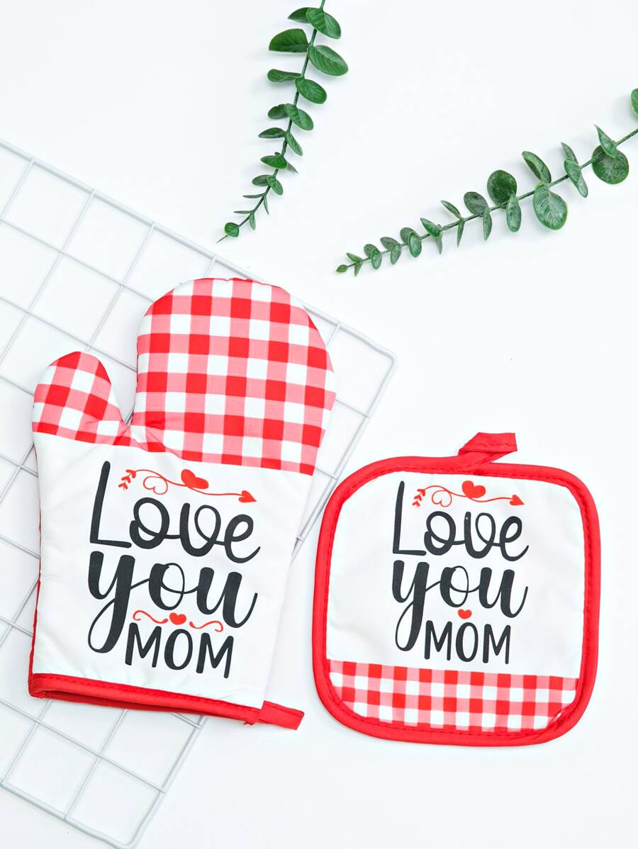 1入組滌綸隔熱手套和1入組隔熱墊,現代雙色格子和標語圖案火鍋墊和廚房烤箱手套適用於微波爐 - 紅白色 - 查看 1