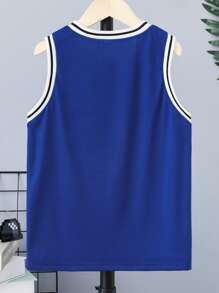 SHEIN Boys Letter Graphic Contrast Trim Basketball Jersey - Navy Blue - View 2