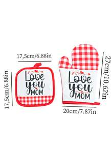 1入組滌綸隔熱手套和1入組隔熱墊,現代雙色格子和標語圖案火鍋墊和廚房烤箱手套適用於微波爐 - 紅白色 - 查看 2