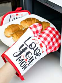 1入組滌綸隔熱手套和1入組隔熱墊,現代雙色格子和標語圖案火鍋墊和廚房烤箱手套適用於微波爐 - 紅白色 - 查看 3