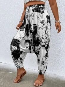 SHEIN LUNE Plus Tie Dye Drop Crotch Trousers - Black and White - View 4