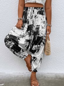 SHEIN LUNE Plus Tie Dye Drop Crotch Trousers - Black and White - View 5