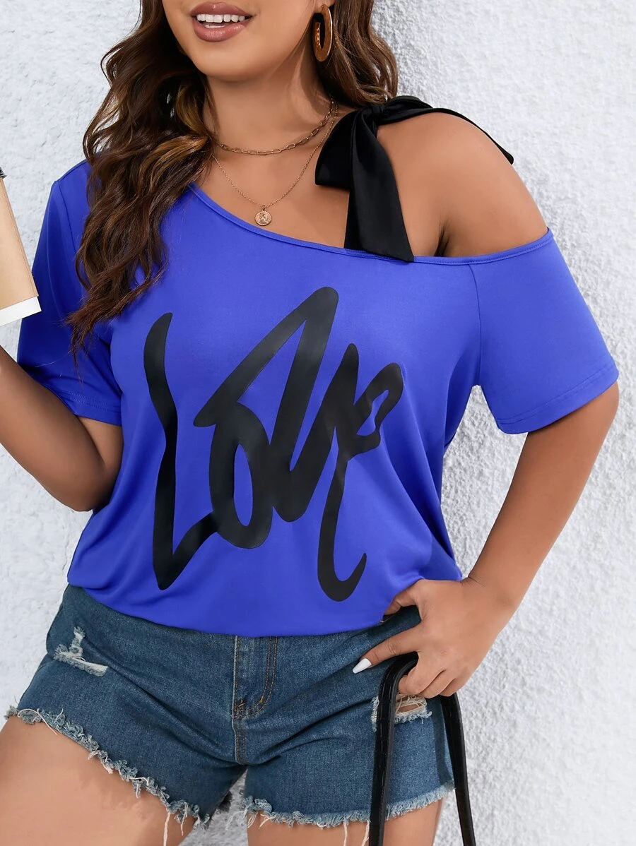 SHEIN LUNE Camiseta con estampado de letra de hombro con nudo de cuello asimétrico - Azul - Ver 1