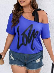 SHEIN LUNE Camiseta con estampado de letra de hombro con nudo de cuello asimétrico - Azul - Ver 3