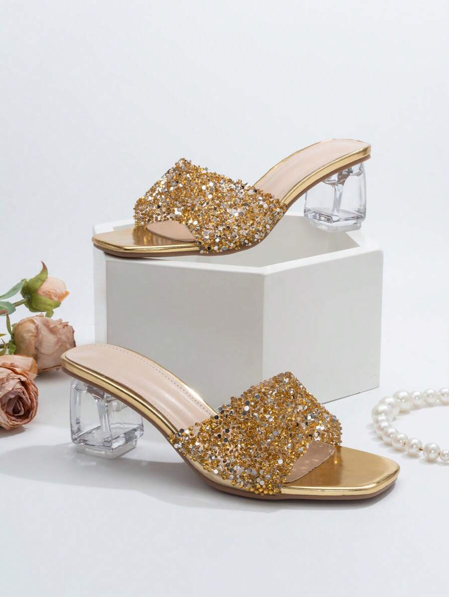 Women Rhinestone Decor Clear Chunky Heeled Mule Sandals, Glamorous Glass Heeled Sandals