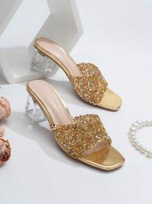 Women Rhinestone Decor Clear Chunky Heeled Mule Sandals, Glamorous Glass Heeled Sandals - Gold - View 3