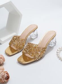Women Rhinestone Decor Clear Chunky Heeled Mule Sandals, Glamorous Glass Heeled Sandals - Gold - View 4