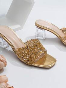 Women Rhinestone Decor Clear Chunky Heeled Mule Sandals, Glamorous Glass Heeled Sandals - Gold - View 5