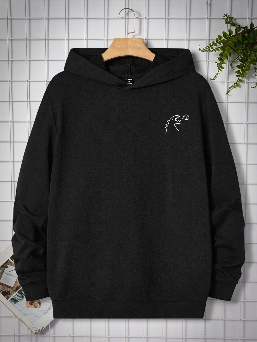 GENTILAND Men Plus Cotton Dinosaur Print Hoodie - Black - View 1
