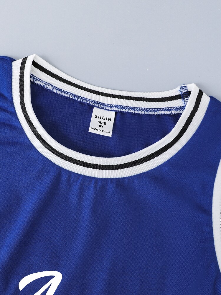 SHEIN Boys Letter Graphic Contrast Trim Basketball Jersey - Navy Blue - View 6