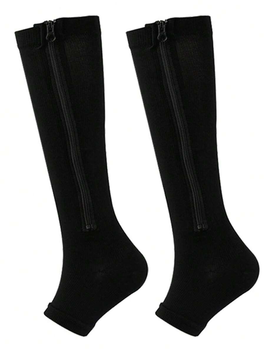 1pair Open Toe Zipper Compression Athletic Socks - Black - View 1