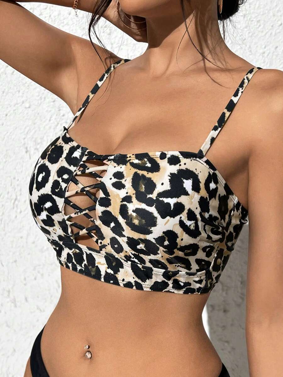 SHEIN Swim 豹紋印花前交叉比基尼泳裝上衣 - 彩色 - 查看 1