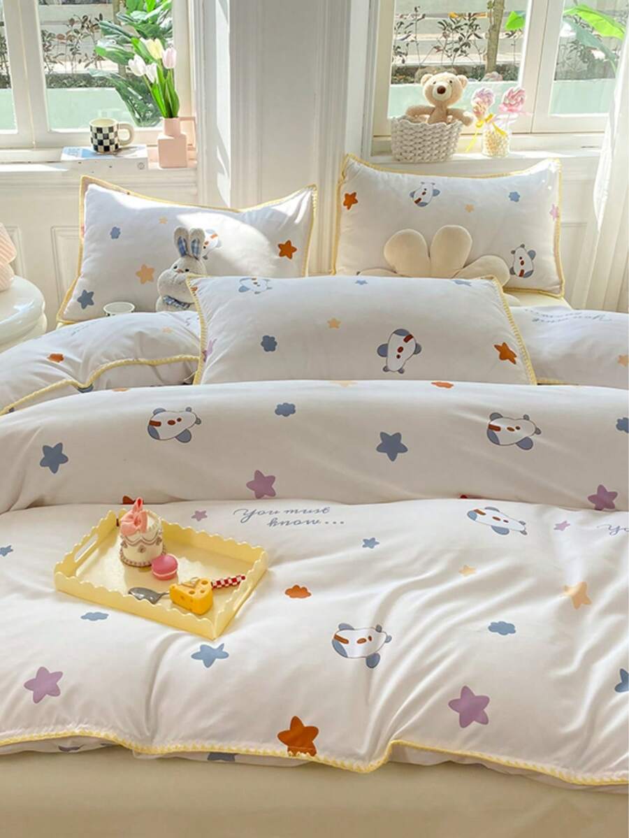 3pcs/set Cartoon Star Pattern Duvet Cover & 2 Pillowcase ), Modern Polyester Bedding Set For Home - Multicolor - View 1