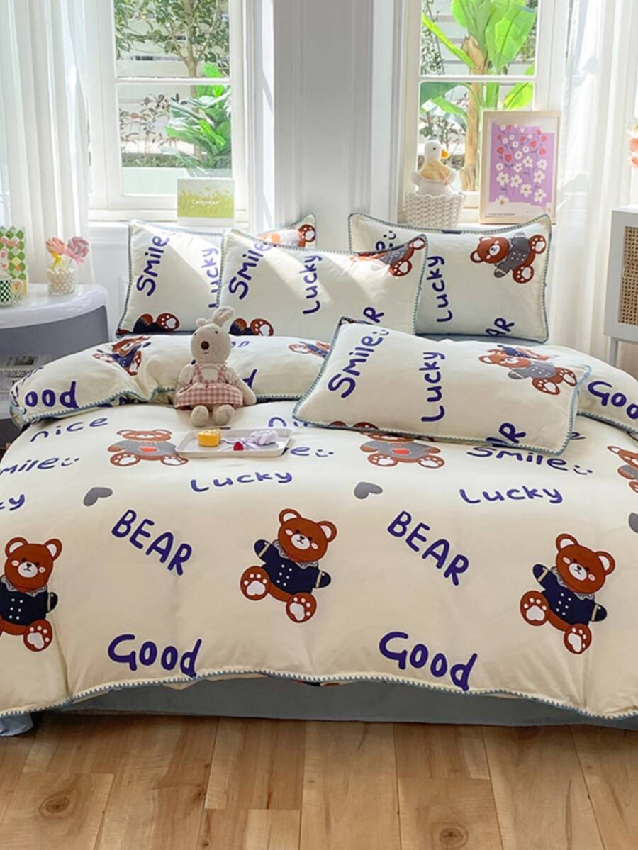 3pcs/set Cartoon Bear Pattern Duvet Cover & 2 Pillowcase ), Modern Polyester Bedding Set For Home - Multicolor - View 1