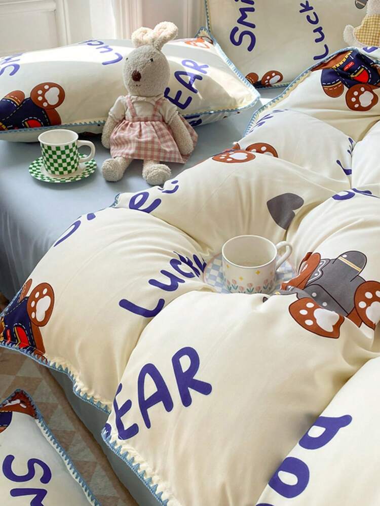 3 piezas/set con patrón de oso de dibujos animados Colcha & 2 Funda para almohada moderno poliéster Textiles para dormitorio para casa - Multicolor - Añade 6