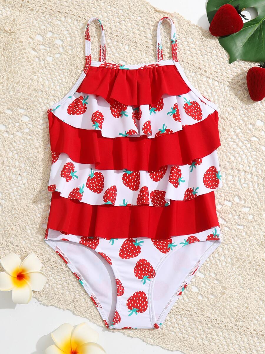 Toddler Girls Strawberry Print Ruffle Trim One Piece Swimsuit - Red and White - View 1