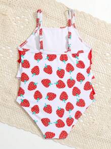 Toddler Girls Strawberry Print Ruffle Trim One Piece Swimsuit - Red and White - View 2