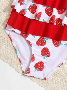Toddler Girls Strawberry Print Ruffle Trim One Piece Swimsuit - Red and White - View 3