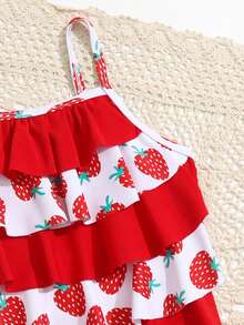Toddler Girls Strawberry Print Ruffle Trim One Piece Swimsuit - Red and White - View 4