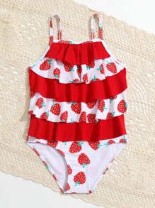 Toddler Girls Strawberry Print Ruffle Trim One Piece Swimsuit - Red and White - View 5