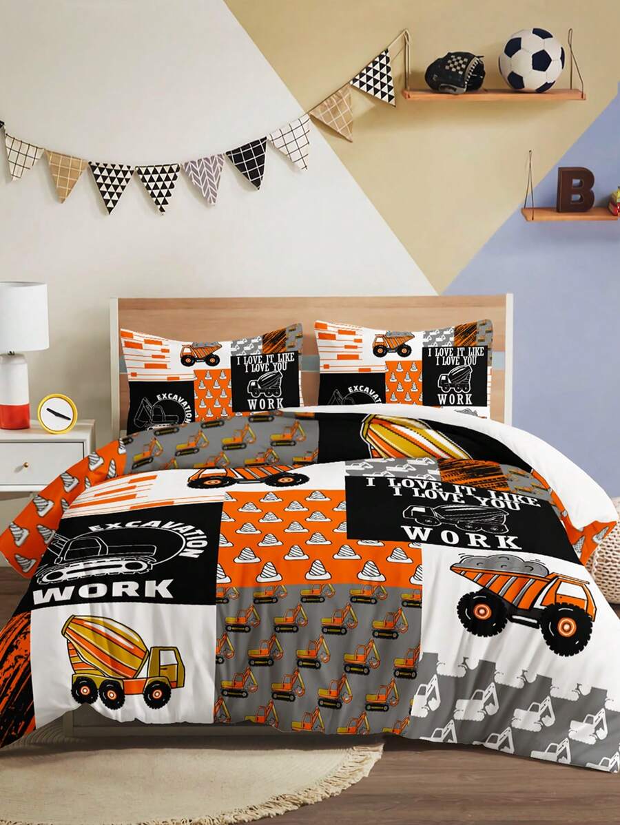 3pcs/set Construction Vehicle Pattern Duvet Cover Set Without Filler, Modern Fabric Bedding Set For Home, All Season - Multicolor - View 1