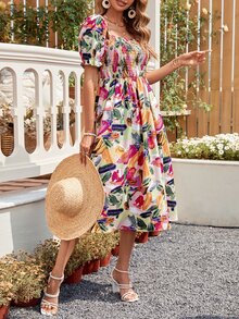 SHEIN LUNE 1pc Allover Print Square Neck Puff Sleeve Dress - Multicolor - View 4