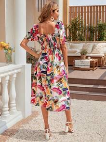 SHEIN LUNE 1pc Allover Print Square Neck Puff Sleeve Dress - Multicolor - View 5