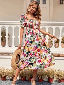 SHEIN LUNE 1pc Allover Print Square Neck Puff Sleeve Dress - Multicolor - View 6