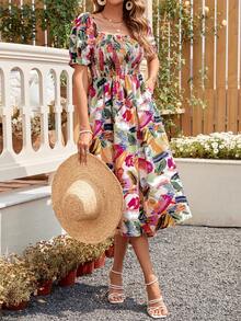 SHEIN LUNE 1pc Allover Print Square Neck Puff Sleeve Dress - Multicolor - View 8